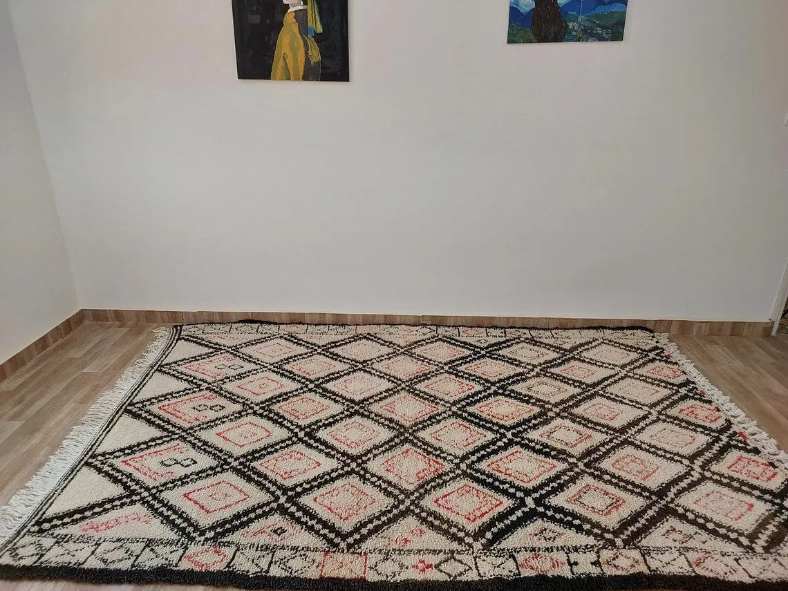 Authentic Vintage Beni Ourain Wool Carpet Bohemian Geometric Tribal Design MoroccanBazzArts