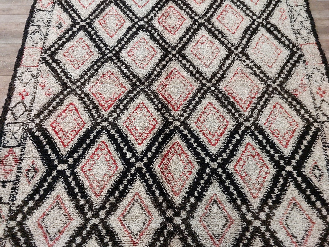 Authentic Vintage Beni Ourain Wool Carpet Bohemian Geometric Tribal Design MoroccanBazzArts