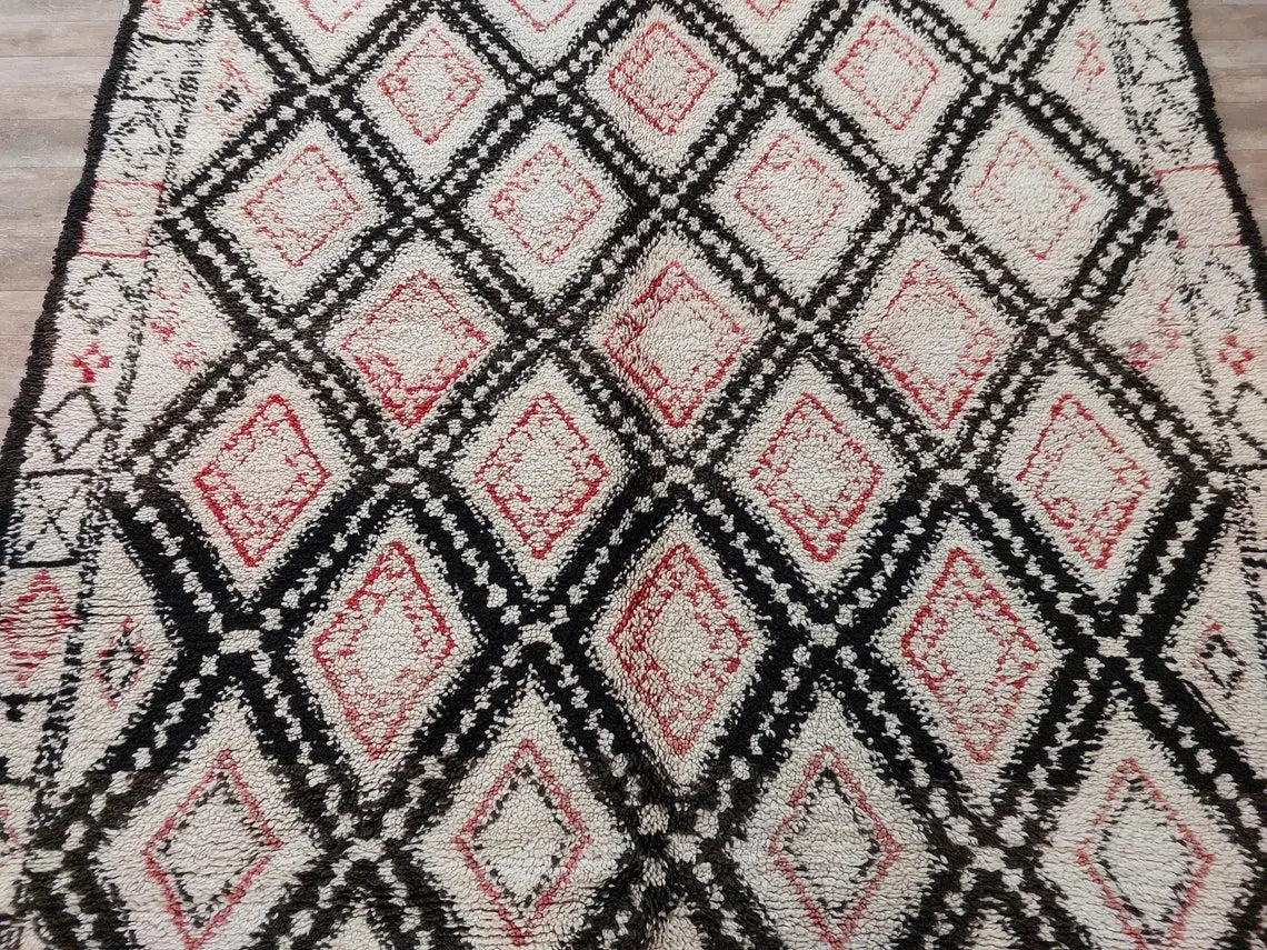 Authentic Vintage Beni Ourain Wool Carpet Bohemian Geometric Tribal Design MoroccanBazzArts