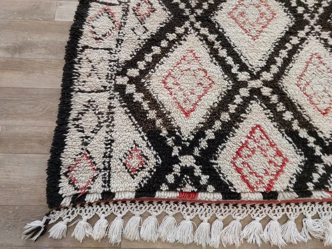 Authentic Vintage Beni Ourain Wool Carpet Bohemian Geometric Tribal Design MoroccanBazzArts