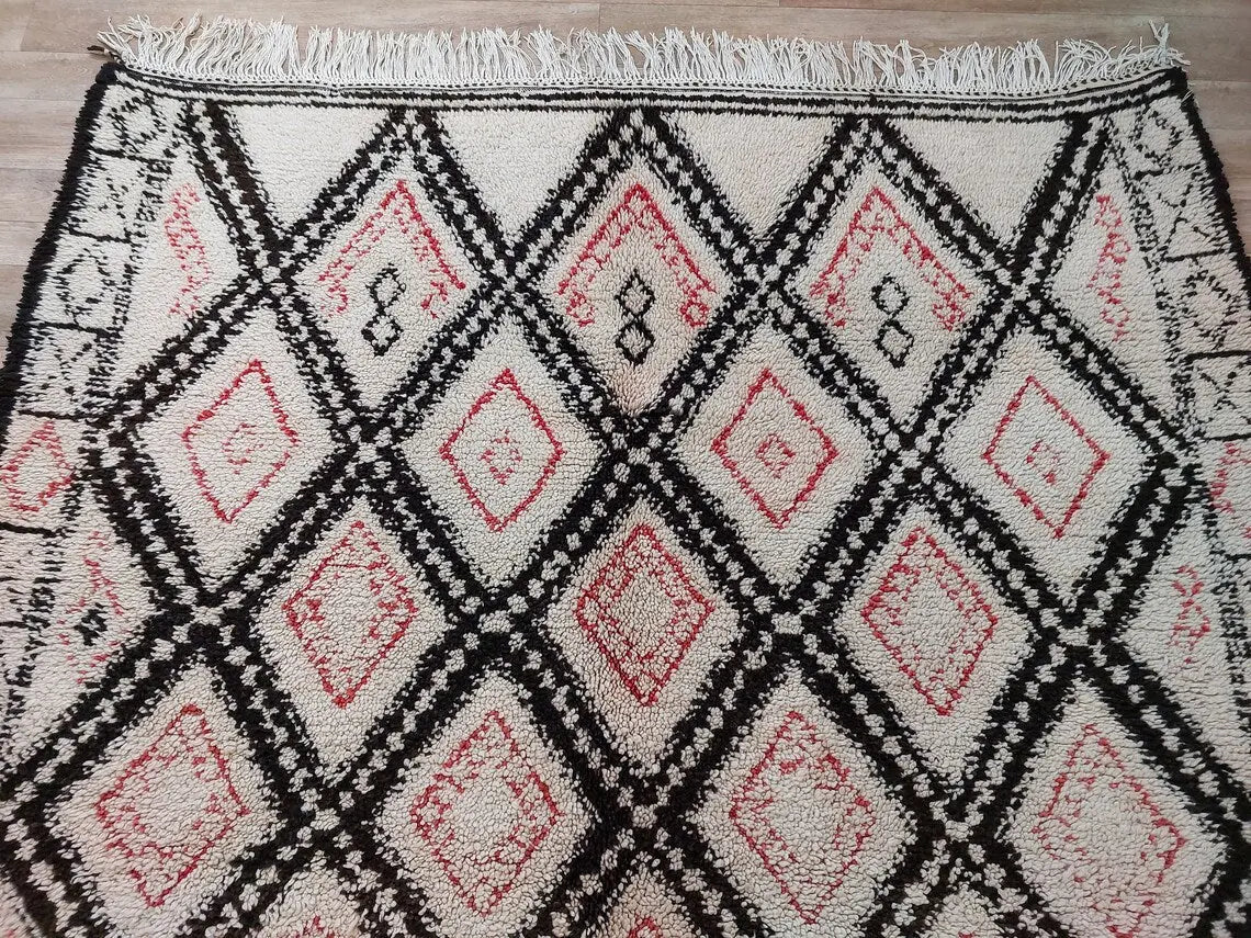 Authentic Vintage Beni Ourain Wool Carpet Bohemian Geometric Tribal Design MoroccanBazzArts