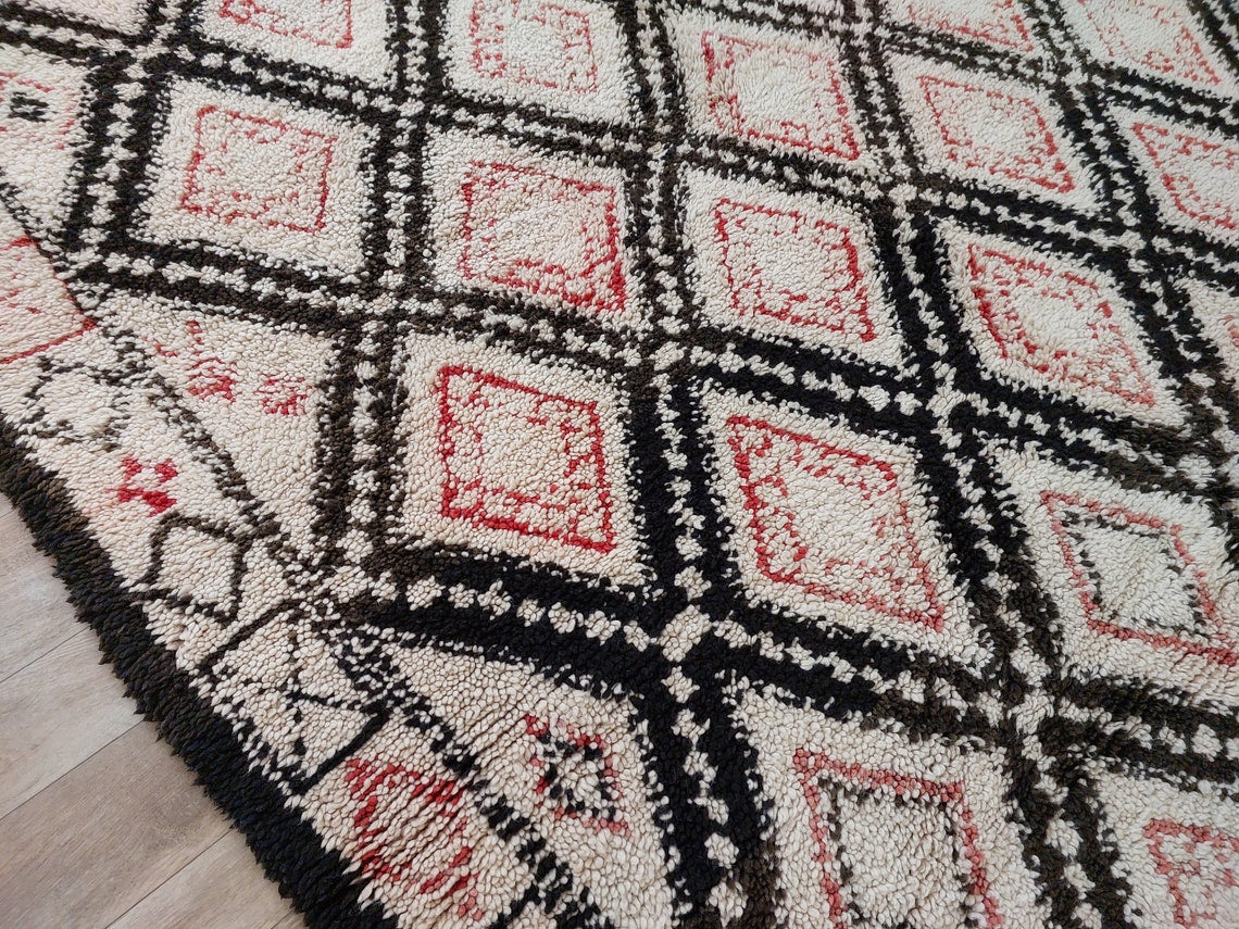 Authentic Vintage Beni Ourain Wool Carpet Bohemian Geometric Tribal Design MoroccanBazzArts