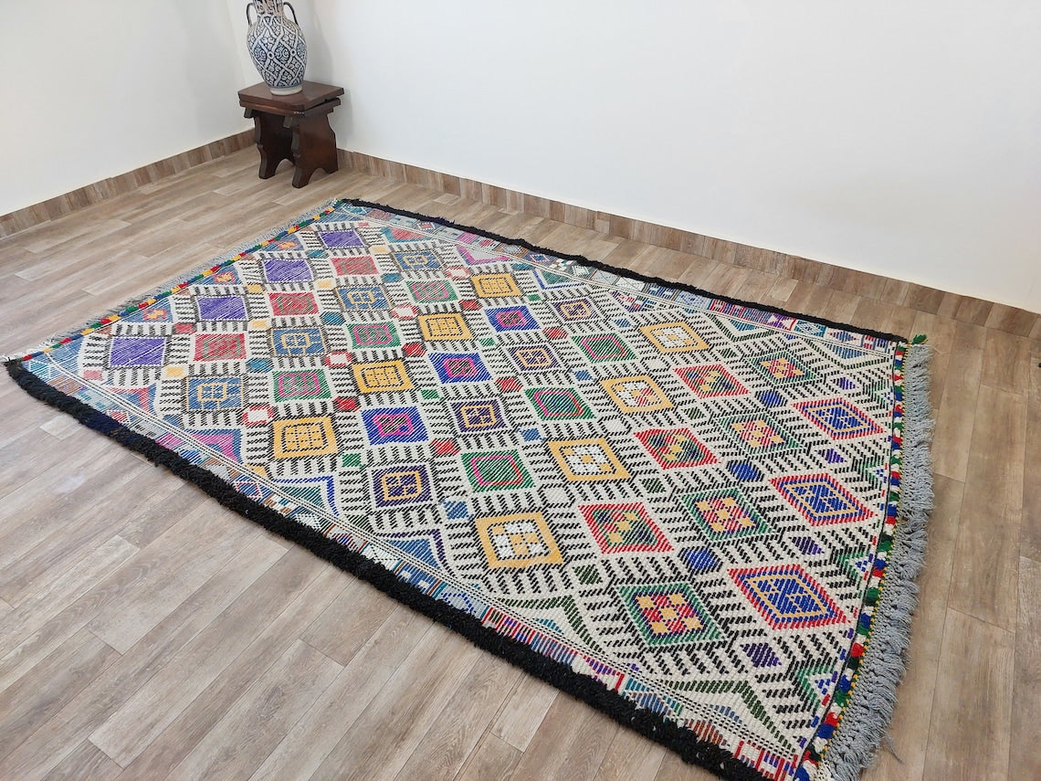 Vibrant Vintage Moroccan Reversible Marmoucha Rug: Handcrafted Berber Tribal Carpet 5.8x8.7 Ft MoroccanBazzArts