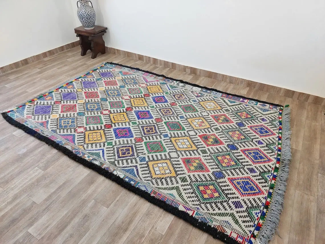 Vibrant Vintage Moroccan Reversible Marmoucha Rug: Handcrafted Berber Tribal Carpet 5.8x8.7 Ft MoroccanBazzArts