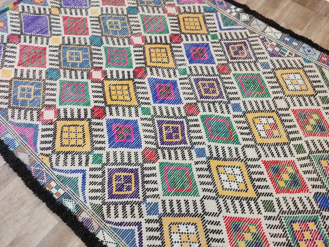 Vibrant Vintage Moroccan Reversible Marmoucha Rug: Handcrafted Berber Tribal Carpet 5.8x8.7 Ft MoroccanBazzArts