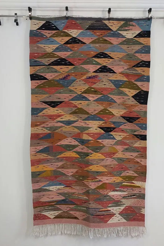 Berber Wool Rug Pink Handwoven Moroccan Kilim 6.6x3.8ft Geometric Vintage Flatweave MoroccanBazzArts