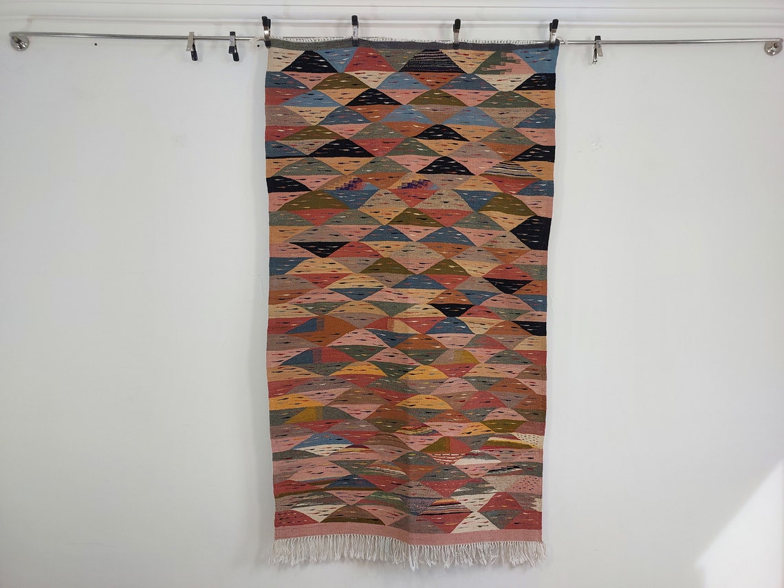 Berber Wool Rug Pink Handwoven Moroccan Kilim 6.6x3.8ft Geometric Vintage Flatweave MoroccanBazzArts