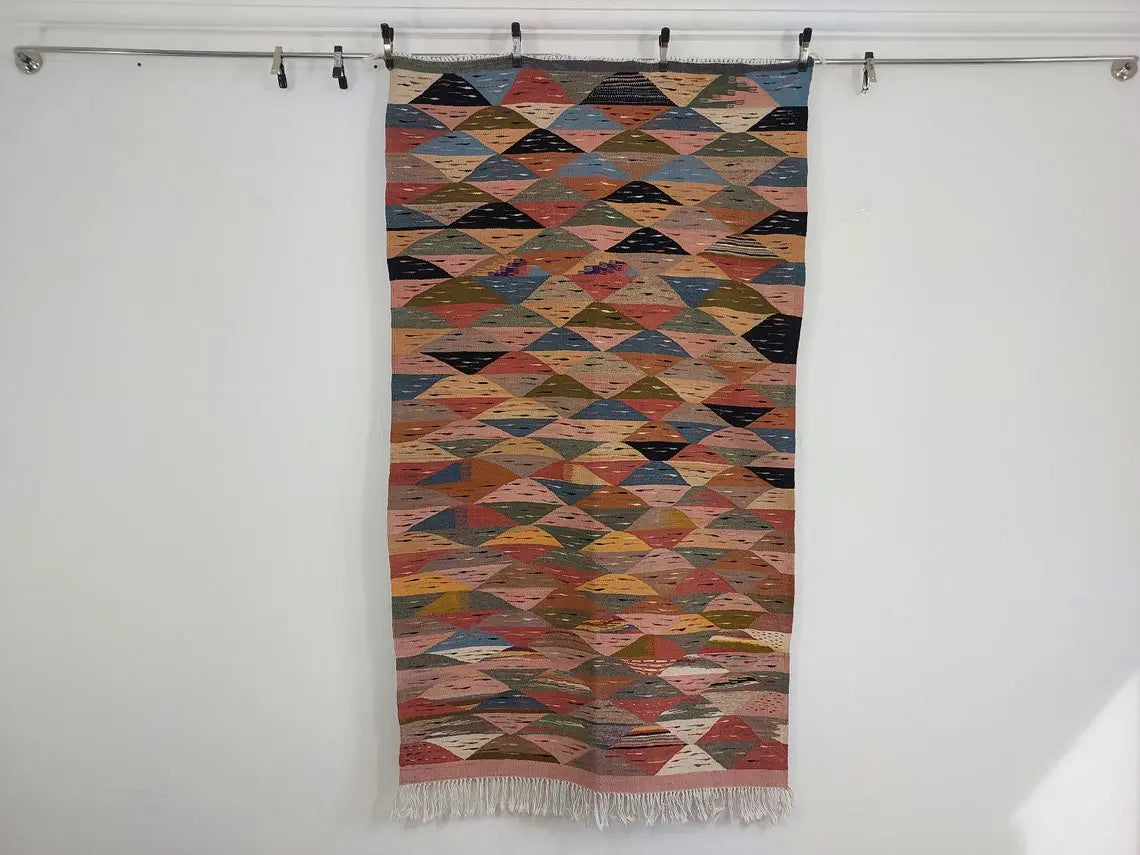 Berber Wool Rug Pink Handwoven Moroccan Kilim 6.6x3.8ft Geometric Vintage Flatweave MoroccanBazzArts