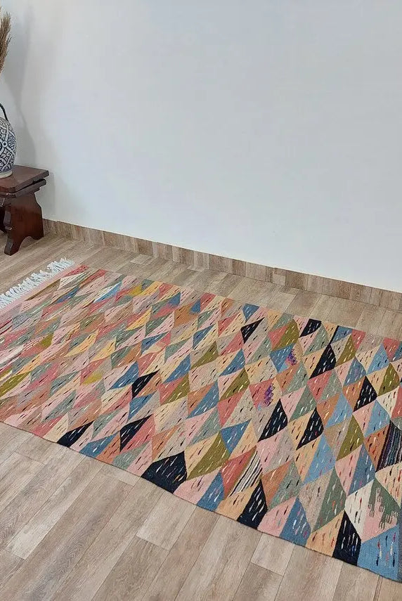 Berber Wool Rug Pink Handwoven Moroccan Kilim 6.6x3.8ft Geometric Vintage Flatweave MoroccanBazzArts
