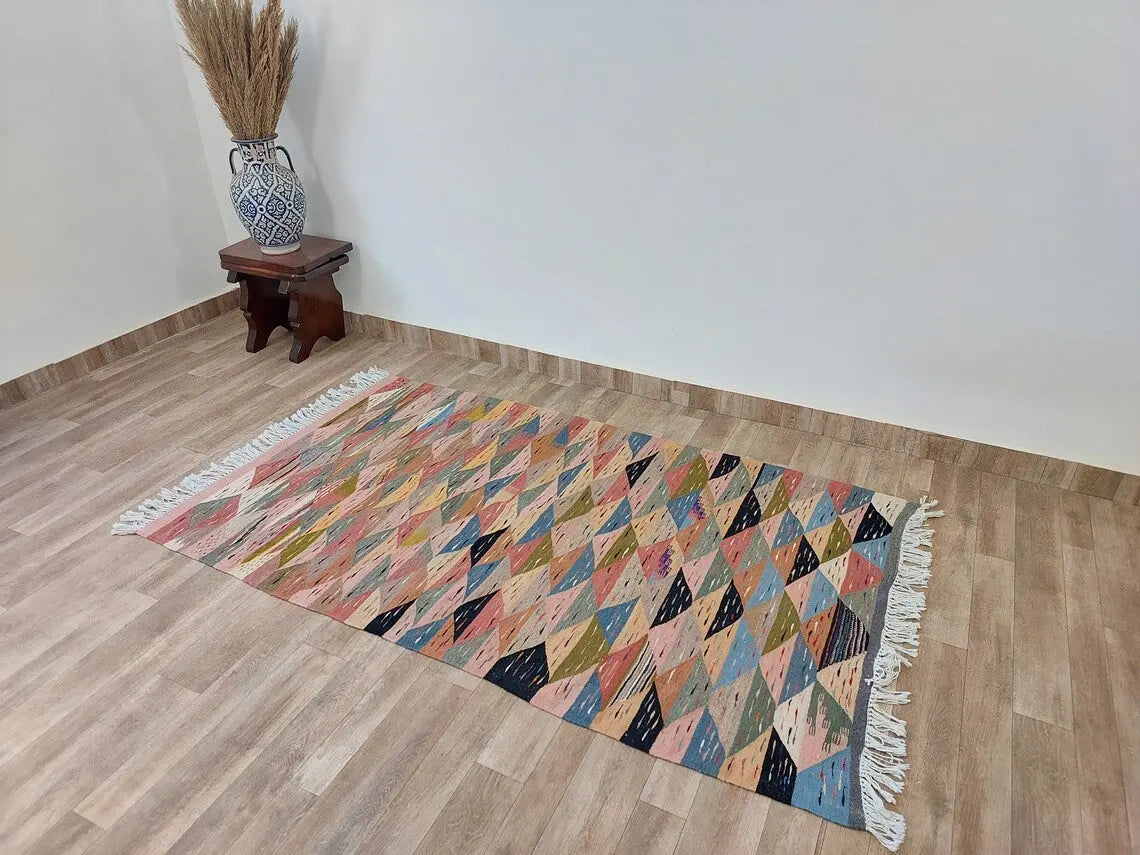 Berber Wool Rug Pink Handwoven Moroccan Kilim 6.6x3.8ft Geometric Vintage Flatweave MoroccanBazzArts