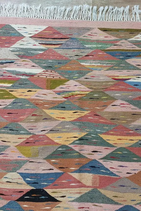 Berber Wool Rug Pink Handwoven Moroccan Kilim 6.6x3.8ft Geometric Vintage Flatweave MoroccanBazzArts
