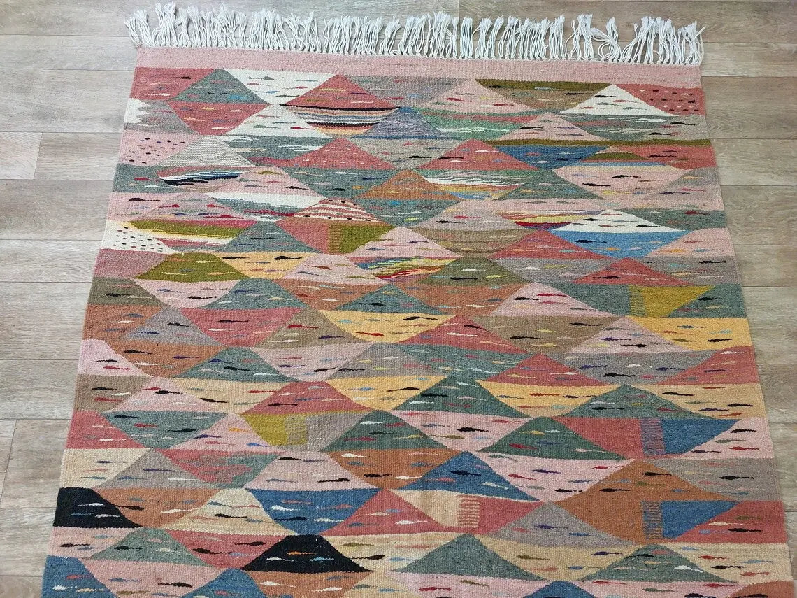 Berber Wool Rug Pink Handwoven Moroccan Kilim 6.6x3.8ft Geometric Vintage Flatweave MoroccanBazzArts