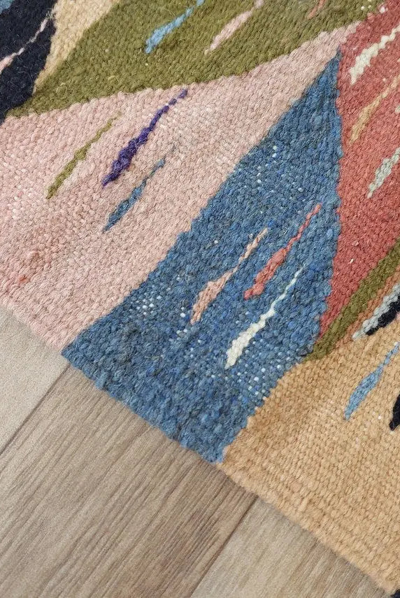 Berber Wool Rug Pink Handwoven Moroccan Kilim 6.6x3.8ft Geometric Vintage Flatweave MoroccanBazzArts