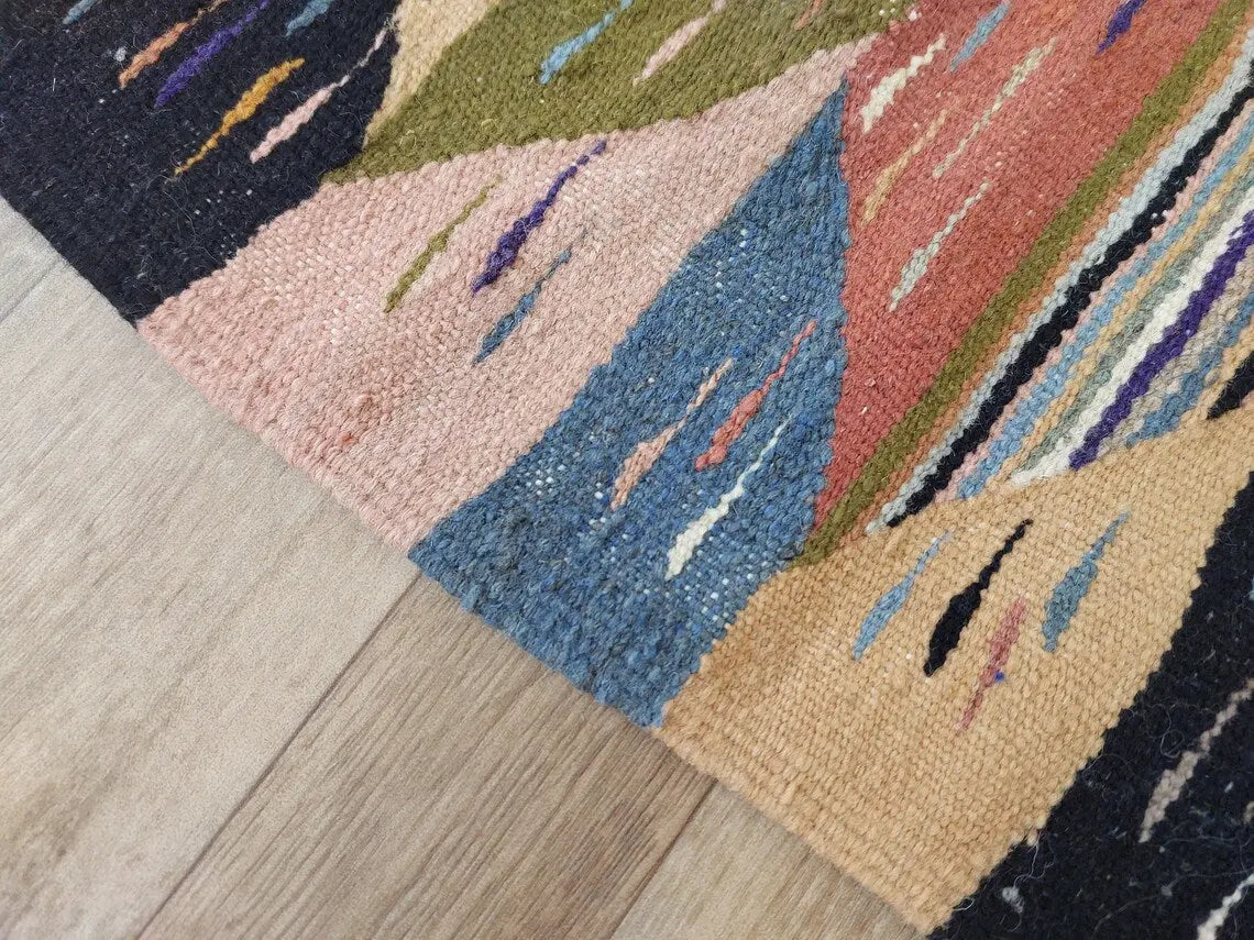Berber Wool Rug Pink Handwoven Moroccan Kilim 6.6x3.8ft Geometric Vintage Flatweave MoroccanBazzArts