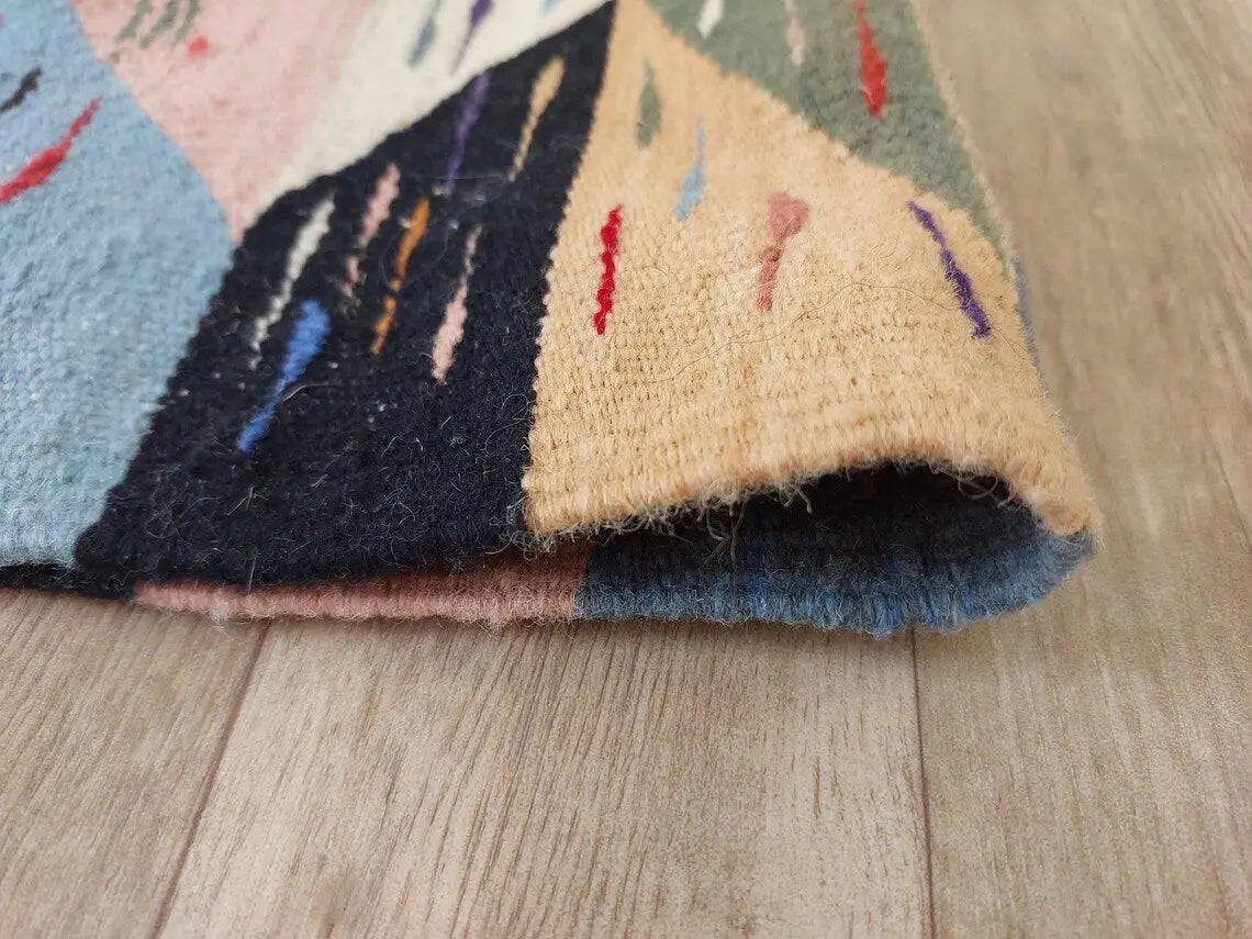 Berber Wool Rug Pink Handwoven Moroccan Kilim 6.6x3.8ft Geometric Vintage Flatweave MoroccanBazzArts