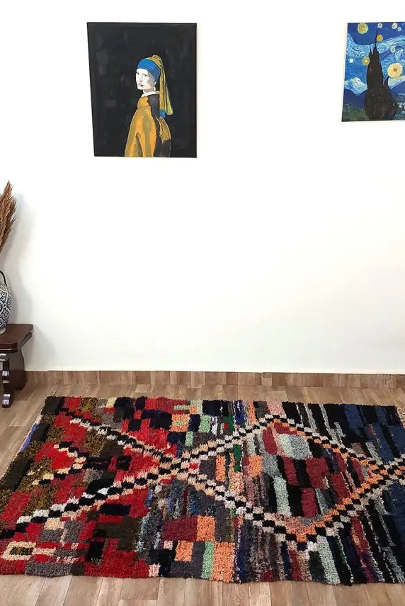 Vibrant Moroccan Boucherouite Rug: Handwoven Recycled Art Carpet for Entryway (4'4"x7') MoroccanBazzArts