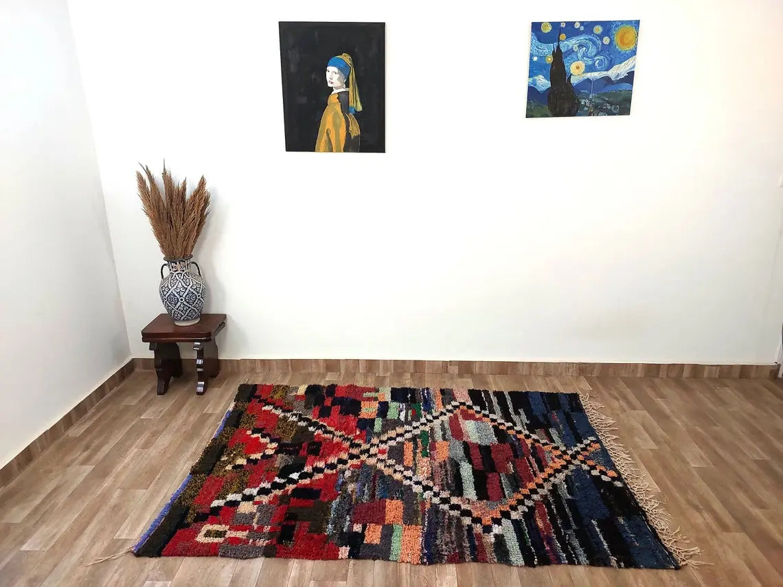 Vibrant Moroccan Boucherouite Rug: Handwoven Recycled Art Carpet for Entryway (4'4"x7') MoroccanBazzArts