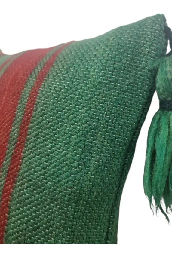 Green Red Stripe Berber Wool Pom Pom Cushion Set of two MoroccanBazzArts