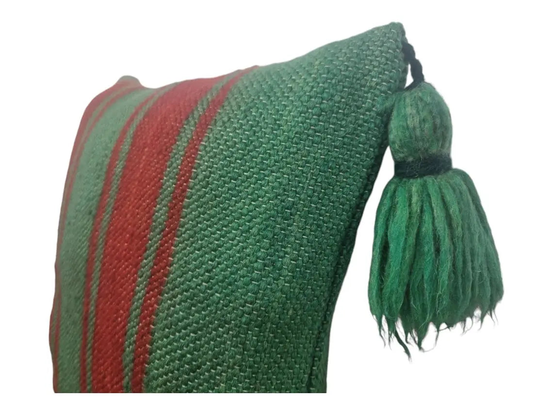 Green Red Stripe Berber Wool Pom Pom Cushion Set of two MoroccanBazzArts