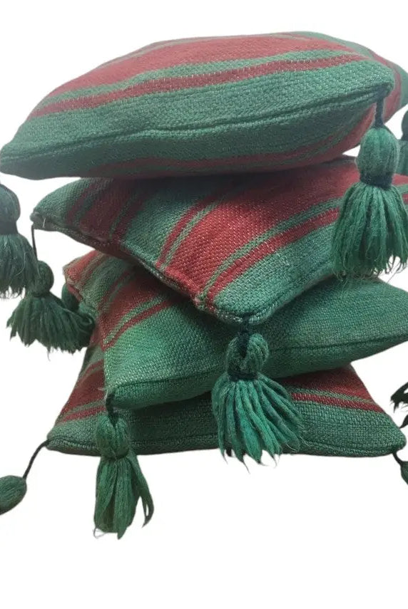 Green Red Stripe Berber Wool Pom Pom Cushion Set of two MoroccanBazzArts