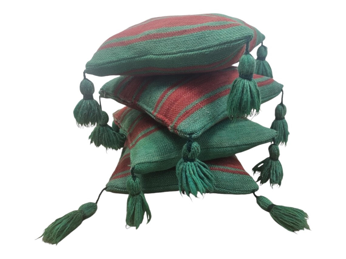 Green Red Stripe Berber Wool Pom Pom Cushion Set of two MoroccanBazzArts