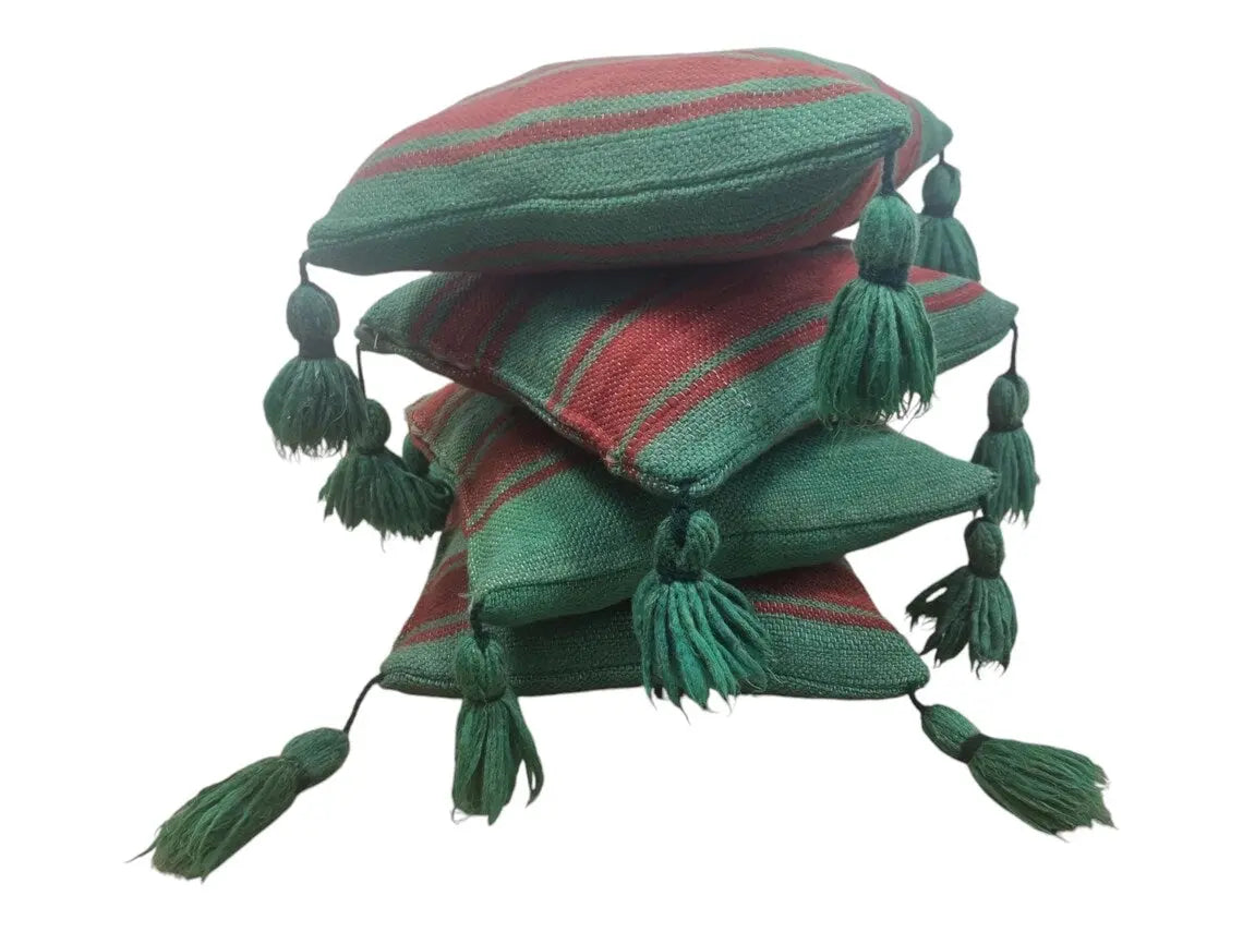 Green Red Stripe Berber Wool Pom Pom Cushion Set of two MoroccanBazzArts