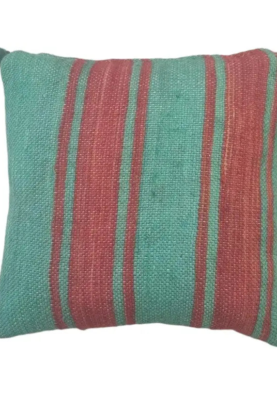 Green Red Stripe Berber Wool Pom Pom Cushion Set of two MoroccanBazzArts