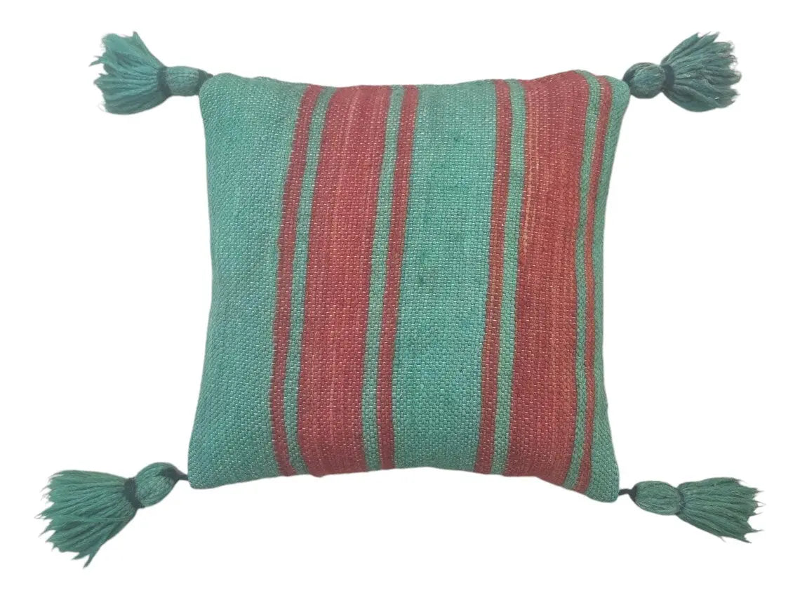 Green Red Stripe Berber Wool Pom Pom Cushion Set of two MoroccanBazzArts