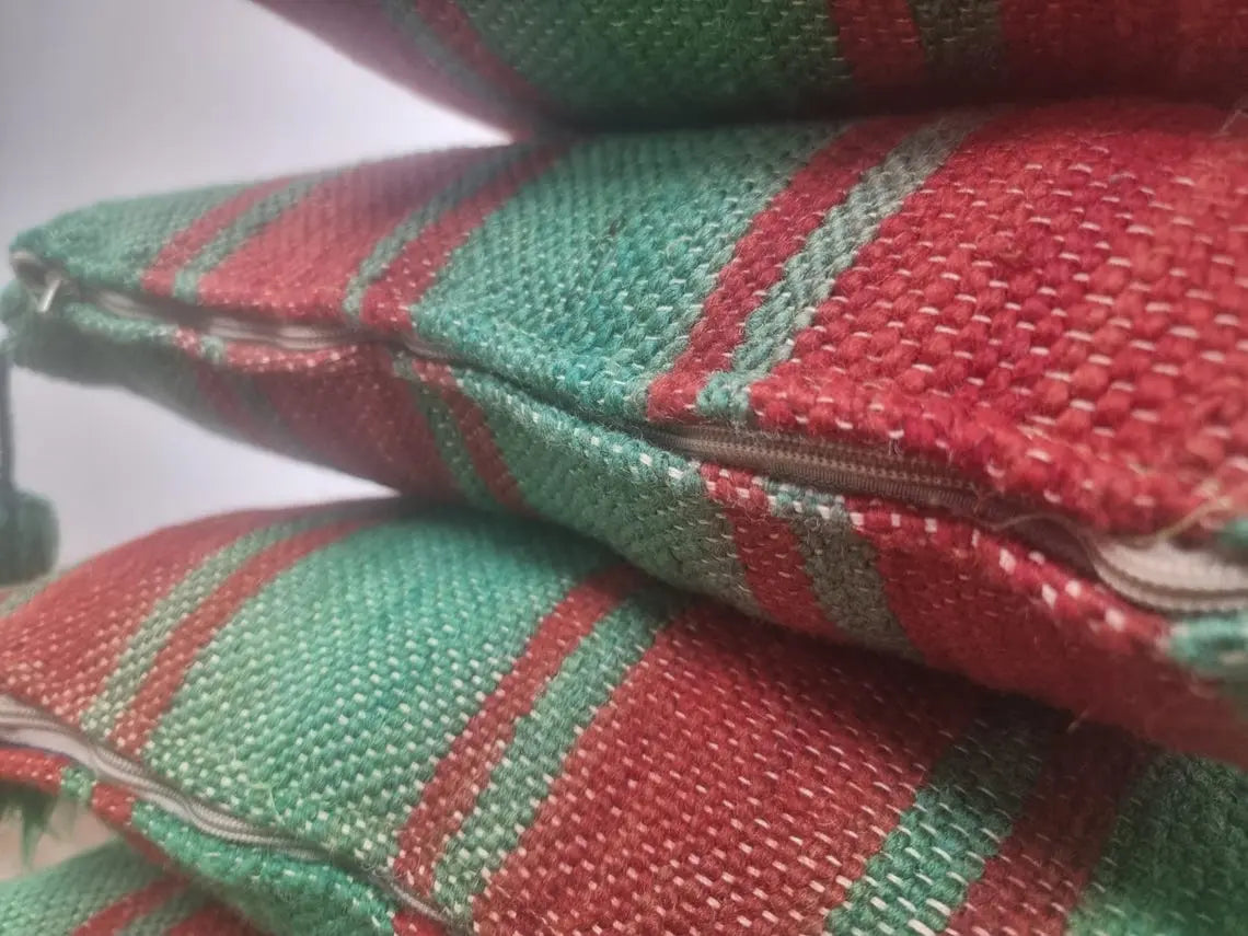 Green Red Stripe Berber Wool Pom Pom Cushion Set of two MoroccanBazzArts