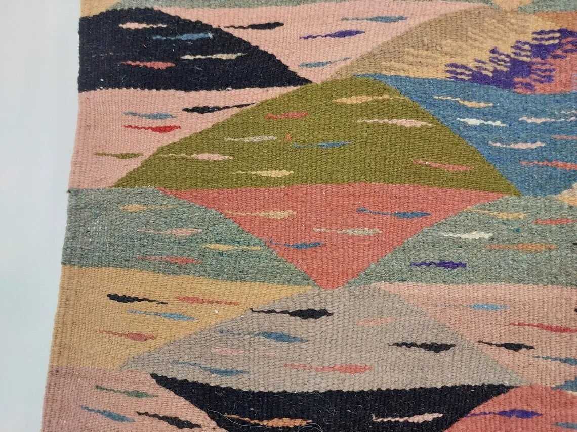 Berber Wool Rug Pink Handwoven Moroccan Kilim 6.6x3.8ft Geometric Vintage Flatweave MoroccanBazzArts