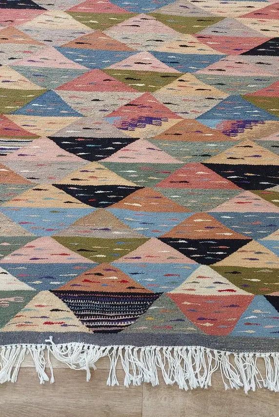 Berber Wool Rug Pink Handwoven Moroccan Kilim 6.6x3.8ft Geometric Vintage Flatweave MoroccanBazzArts