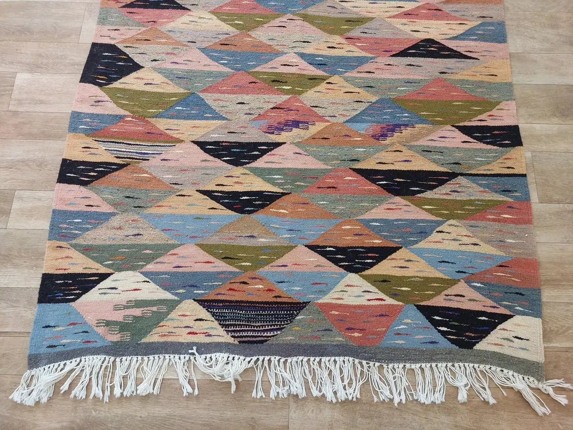 Berber Wool Rug Pink Handwoven Moroccan Kilim 6.6x3.8ft Geometric Vintage Flatweave MoroccanBazzArts