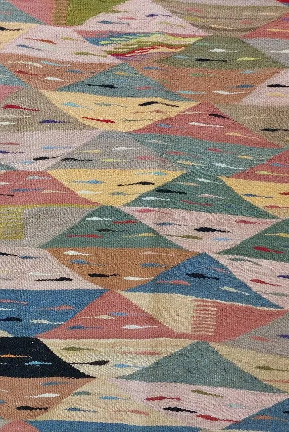 Berber Wool Rug Pink Handwoven Moroccan Kilim 6.6x3.8ft Geometric Vintage Flatweave MoroccanBazzArts