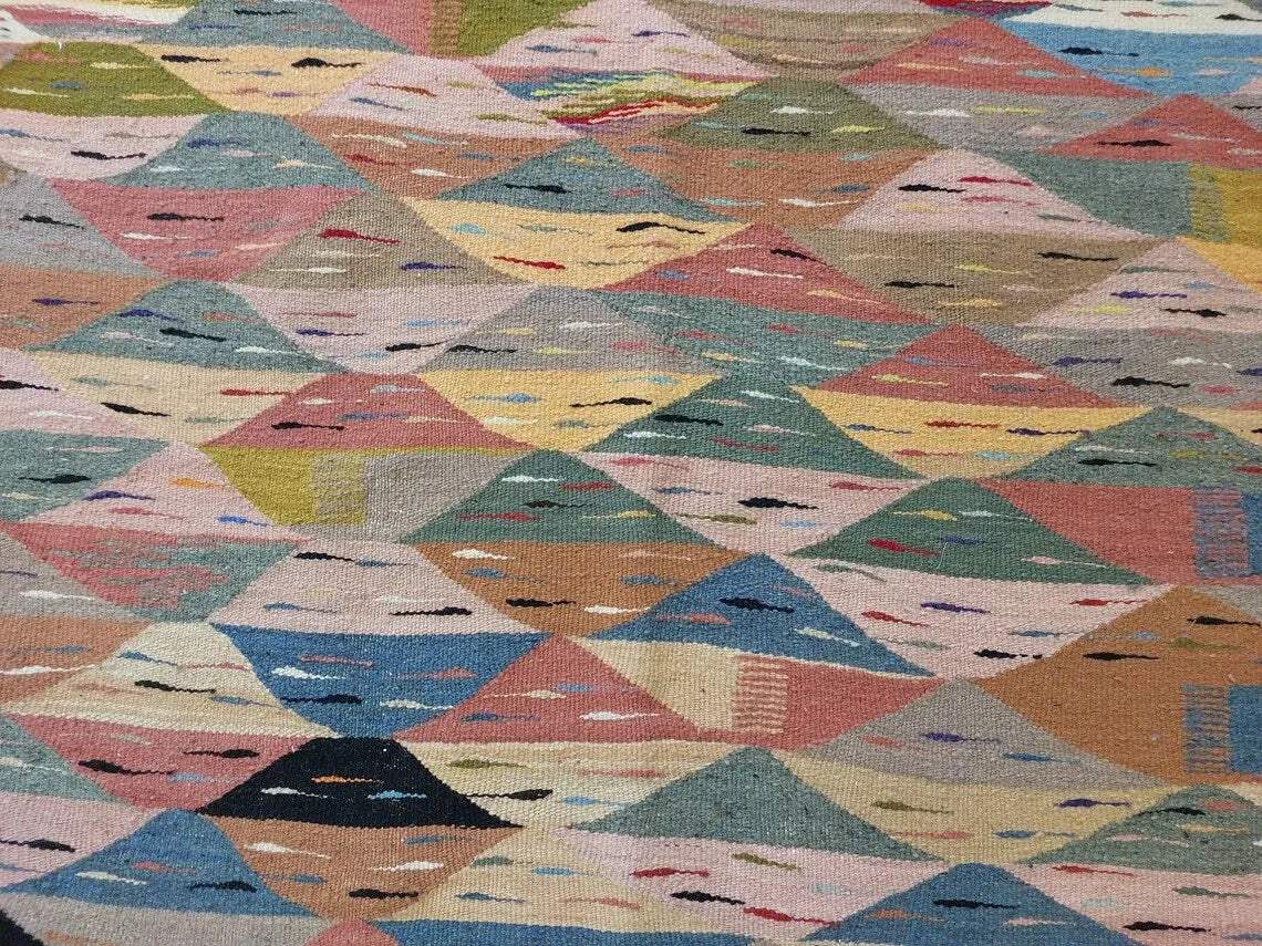 Berber Wool Rug Pink Handwoven Moroccan Kilim 6.6x3.8ft Geometric Vintage Flatweave MoroccanBazzArts