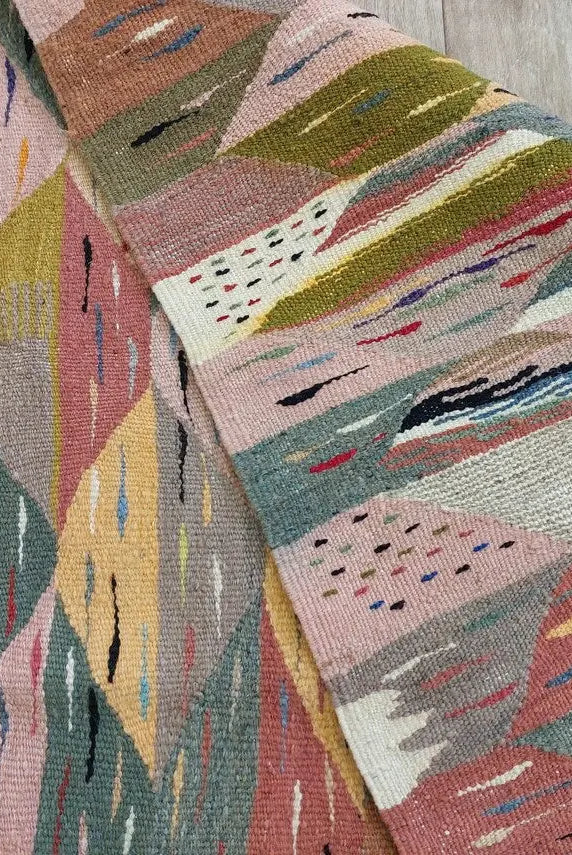 Berber Wool Rug Pink Handwoven Moroccan Kilim 6.6x3.8ft Geometric Vintage Flatweave MoroccanBazzArts