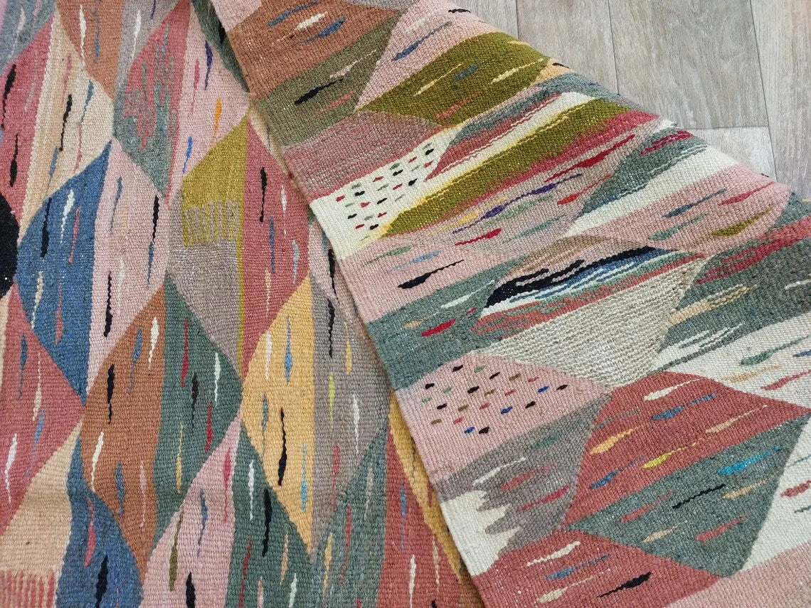 Berber Wool Rug Pink Handwoven Moroccan Kilim 6.6x3.8ft Geometric Vintage Flatweave MoroccanBazzArts