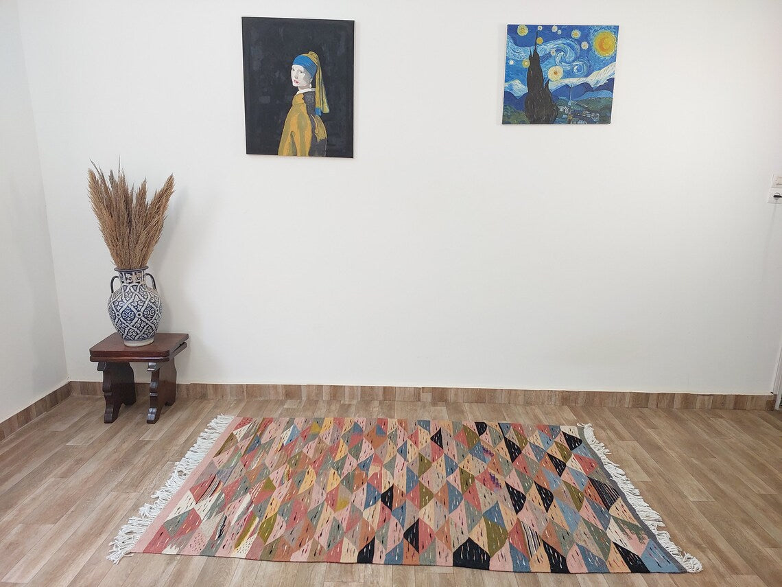Berber Wool Rug Pink Handwoven Moroccan Kilim 6.6x3.8ft Geometric Vintage Flatweave MoroccanBazzArts