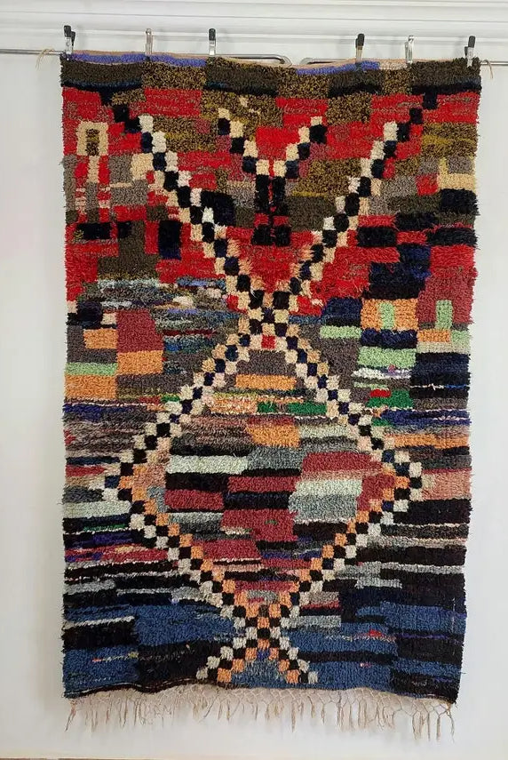 Vibrant Moroccan Boucherouite Rug: Handwoven Recycled Art Carpet for Entryway (4'4"x7') MoroccanBazzArts