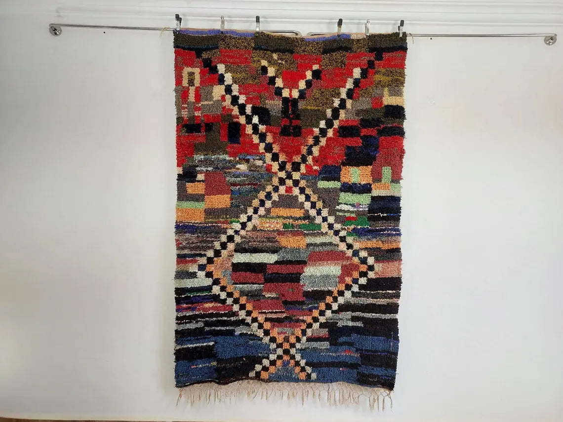 Vibrant Moroccan Boucherouite Rug: Handwoven Recycled Art Carpet for Entryway (4'4"x7') MoroccanBazzArts