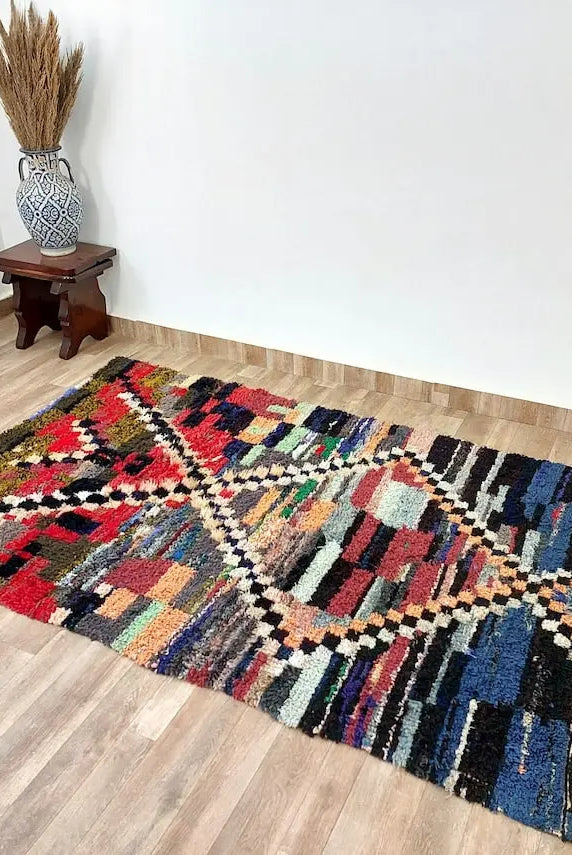 Vibrant Moroccan Boucherouite Rug: Handwoven Recycled Art Carpet for Entryway (4'4"x7') MoroccanBazzArts