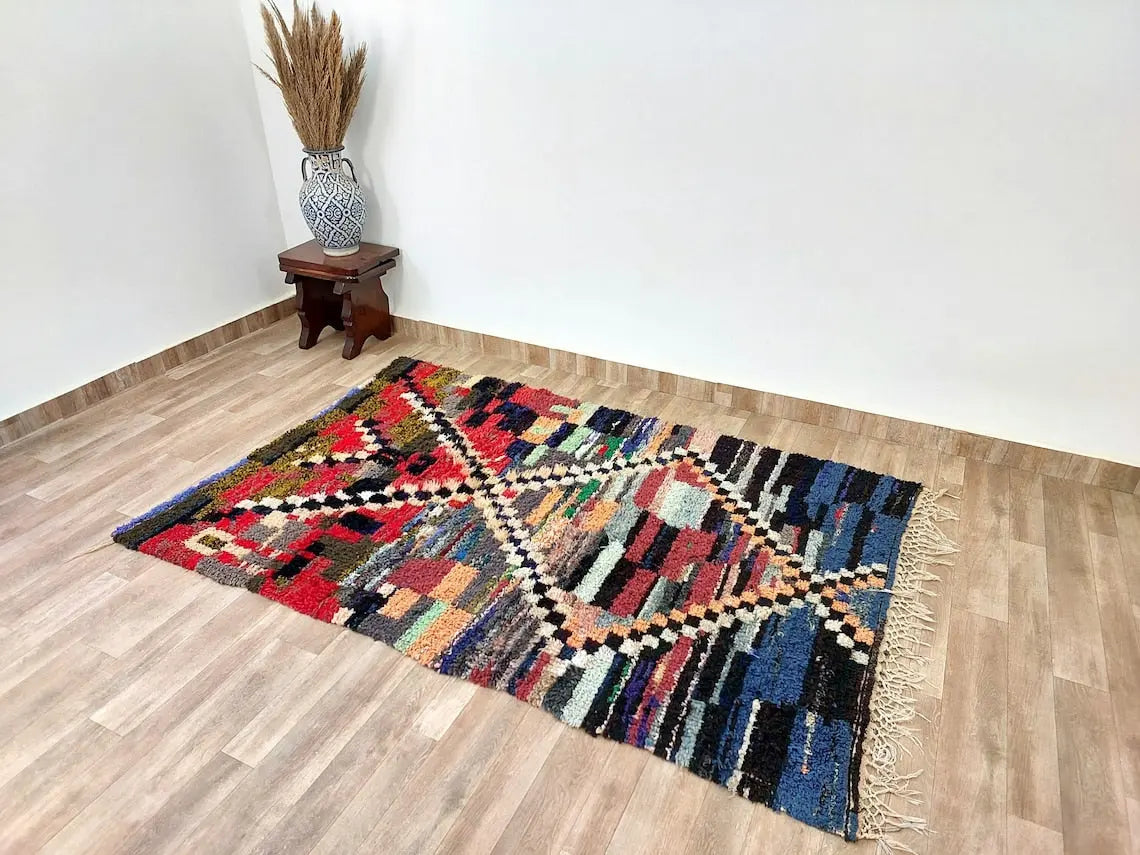 Vibrant Moroccan Boucherouite Rug: Handwoven Recycled Art Carpet for Entryway (4'4"x7') MoroccanBazzArts