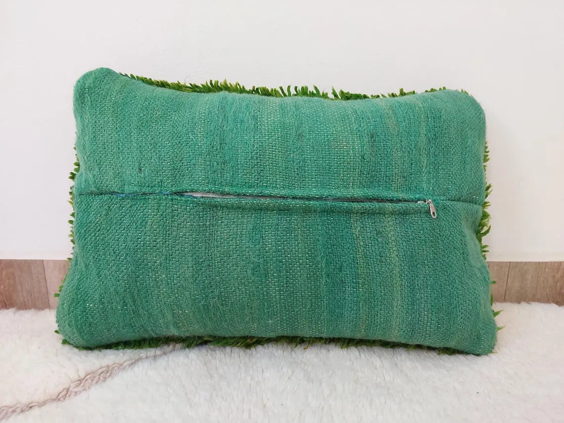 Emerald Beni Mguild Moroccan Wool Pillow - Decorative Berber Cushion, Boho Style, 24x16 Inches MoroccanBazzArts