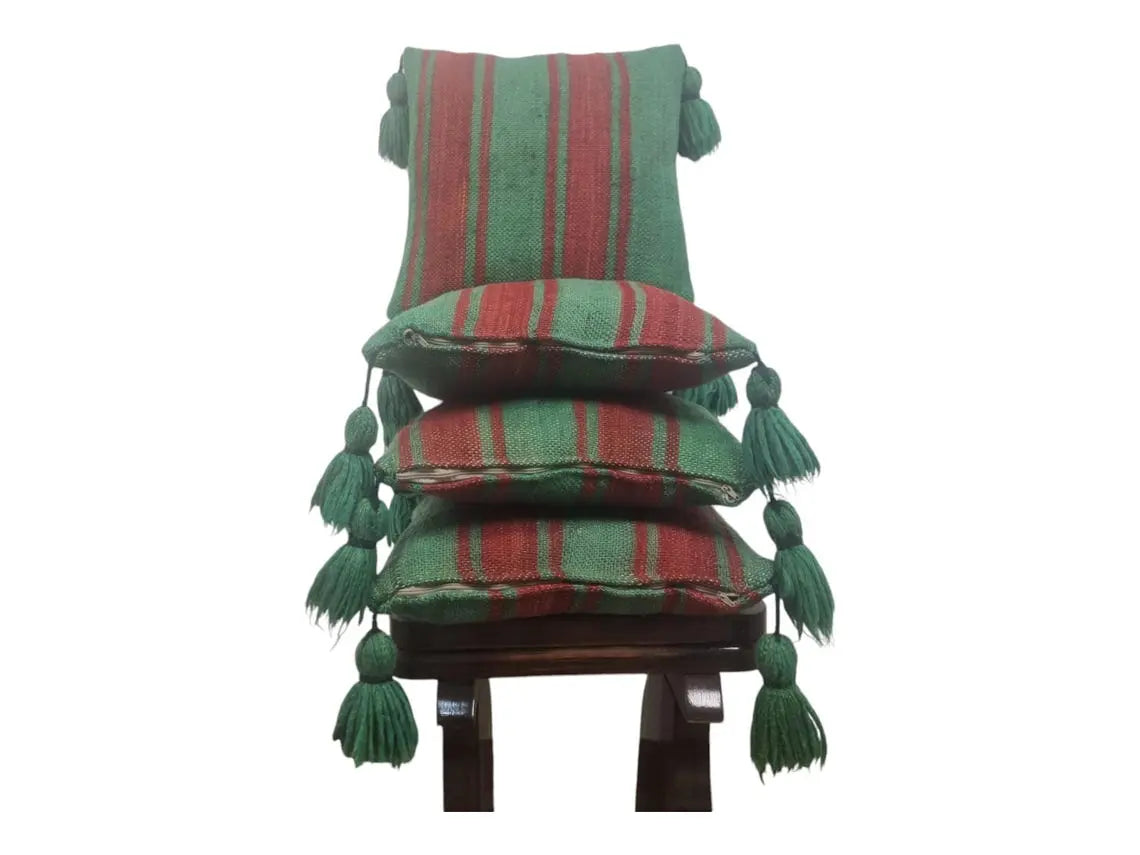 Green Red Stripe Berber Wool Pom Pom Cushion Set of two MoroccanBazzArts