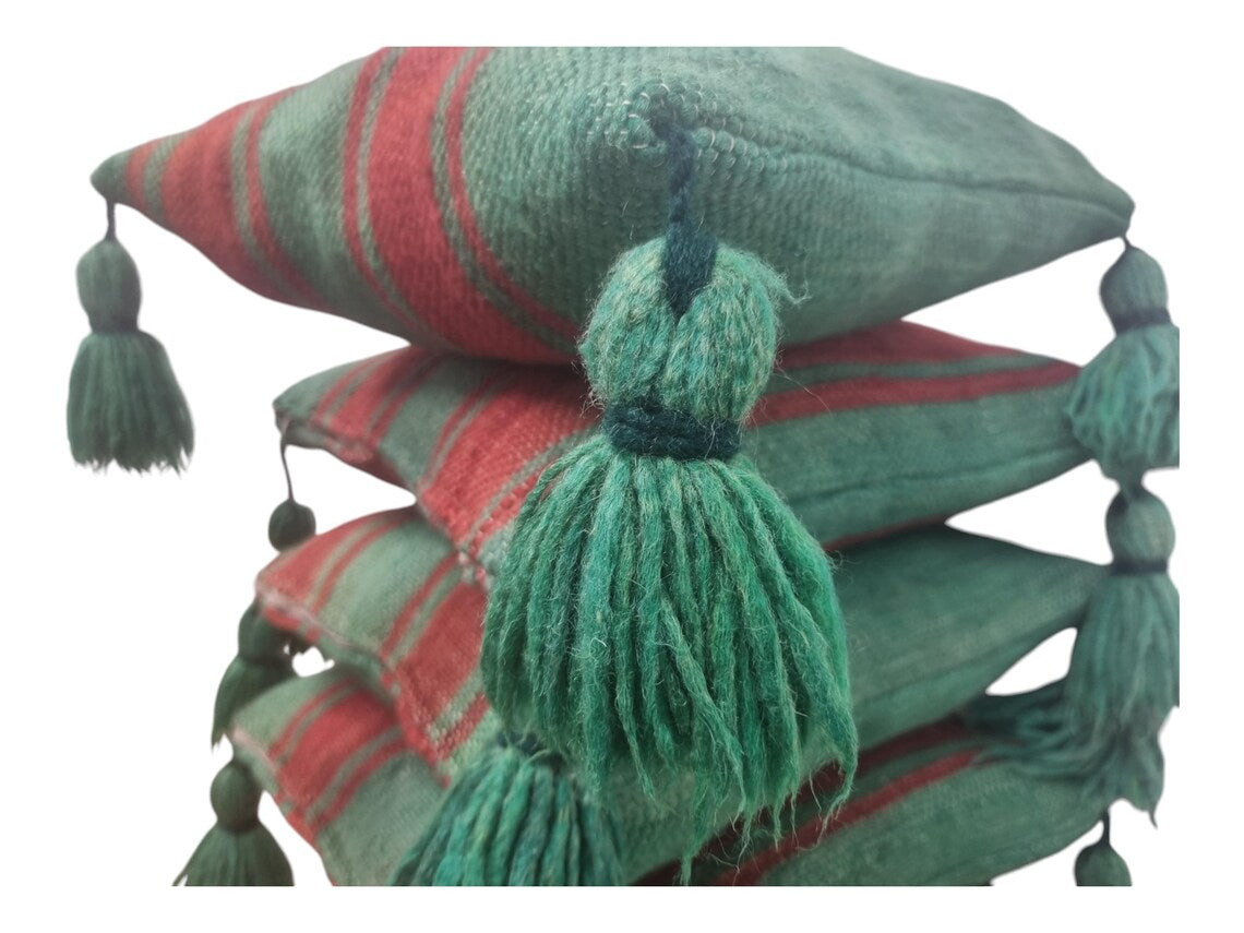 Green Red Stripe Berber Wool Pom Pom Cushion Set of two MoroccanBazzArts
