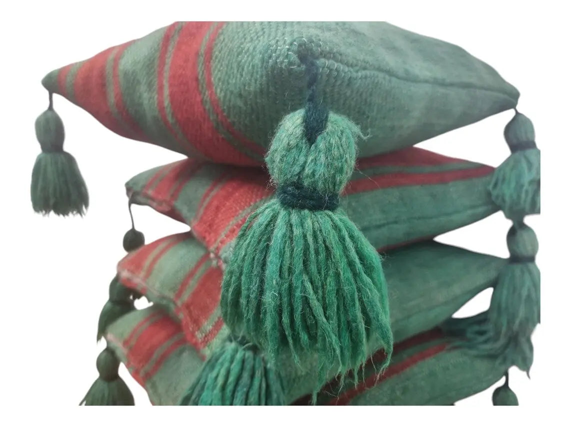 Green Red Stripe Berber Wool Pom Pom Cushion Set of two MoroccanBazzArts