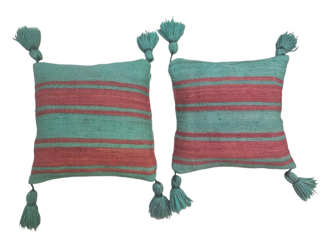 Green Red Stripe Berber Wool Pom Pom Cushion Set of two MoroccanBazzArts