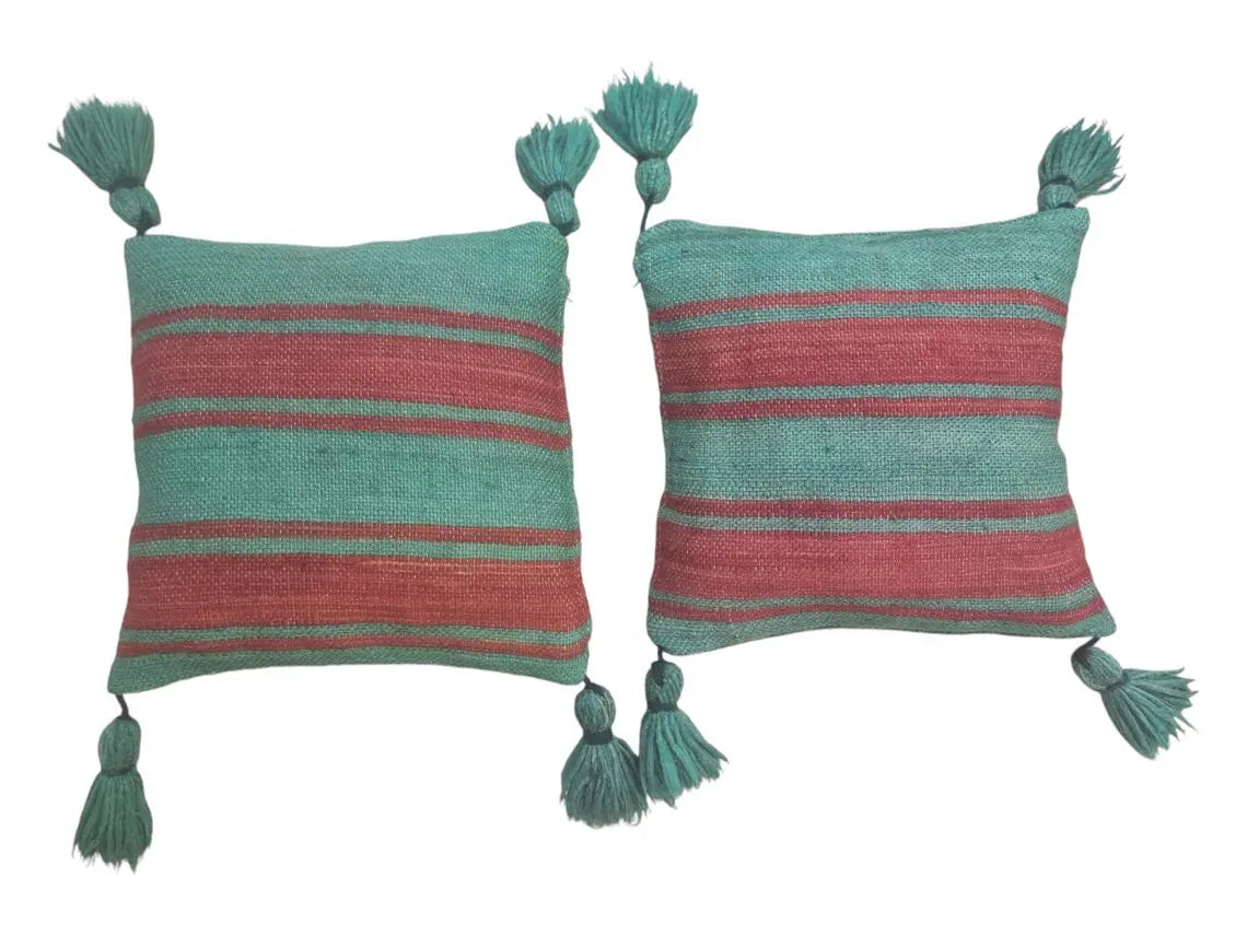 Green Red Stripe Berber Wool Pom Pom Cushion Set of two MoroccanBazzArts