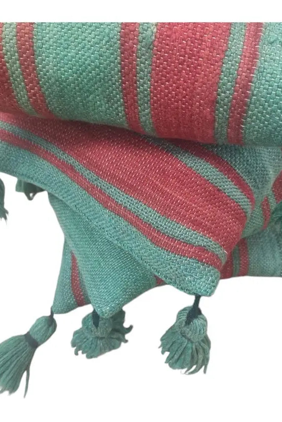 Green Red Stripe Berber Wool Pom Pom Cushion Set of two MoroccanBazzArts