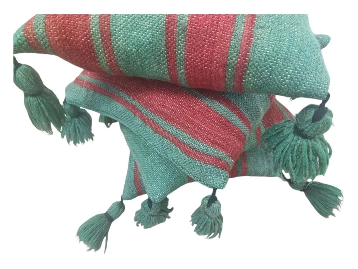 Green Red Stripe Berber Wool Pom Pom Cushion Set of two MoroccanBazzArts