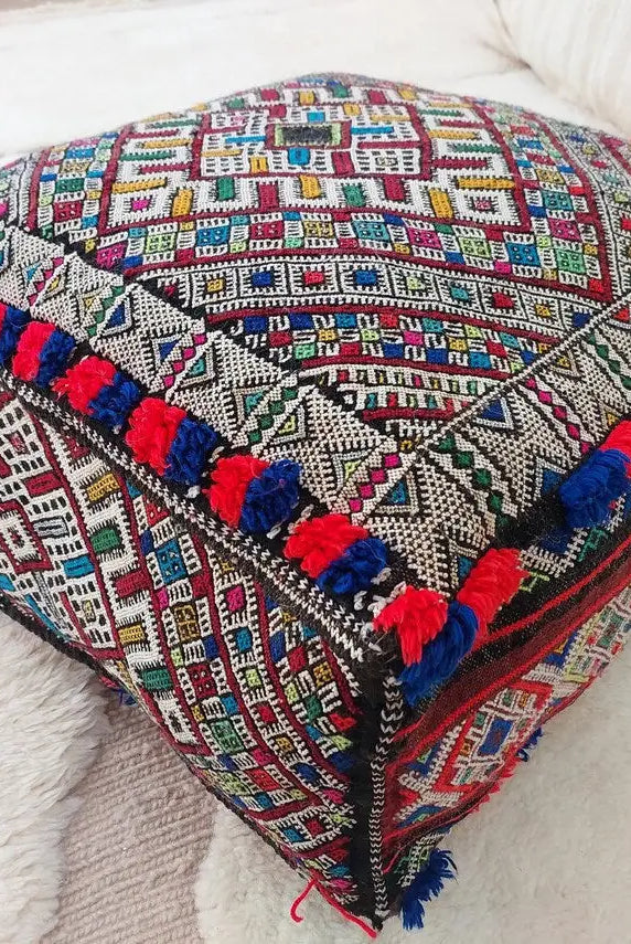 Authentic Handmade Berber Bridal Suitcase - Vintage Moroccan Kilim Pouf Ottoman Floor Cushion MoroccanBazzArts